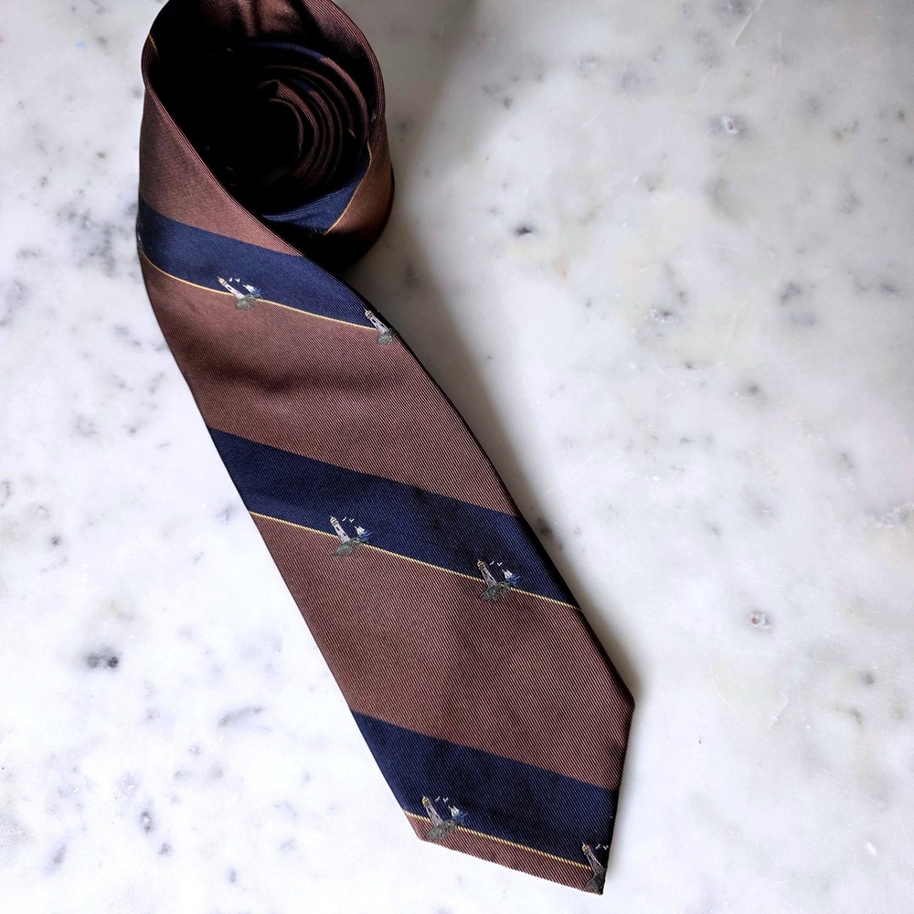 Lands End Charter Collctn Mens Silk Tie Brown Nvy Stripe Lighthouse Boat Italy